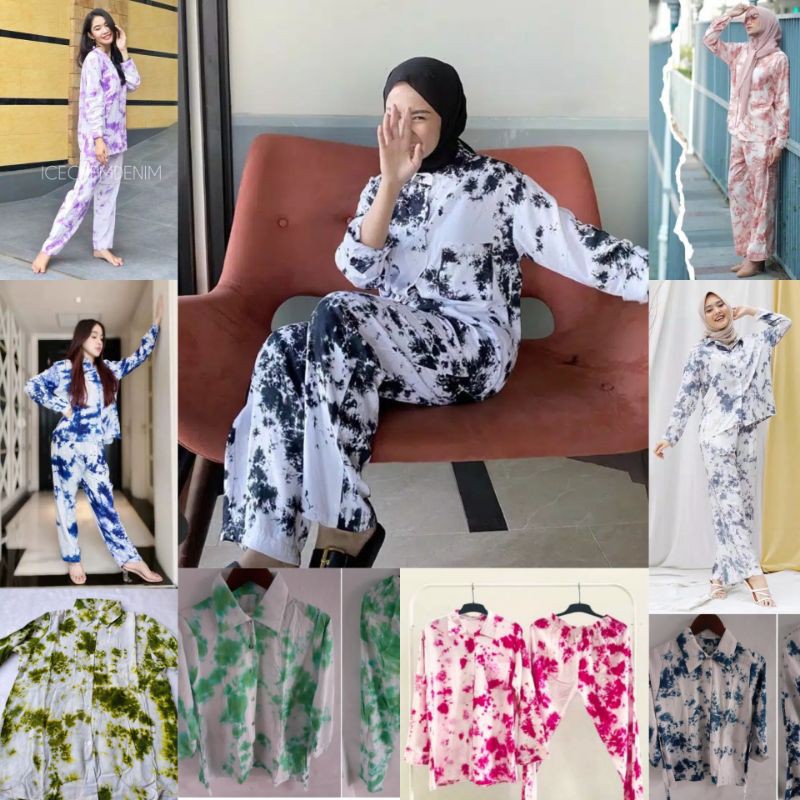 COD /Daily Set/One Set Tie Dye Panjang/tie dye CELUP BHAN RAYON PREMIUM TEBAL ADEM HALUS tie dye abu