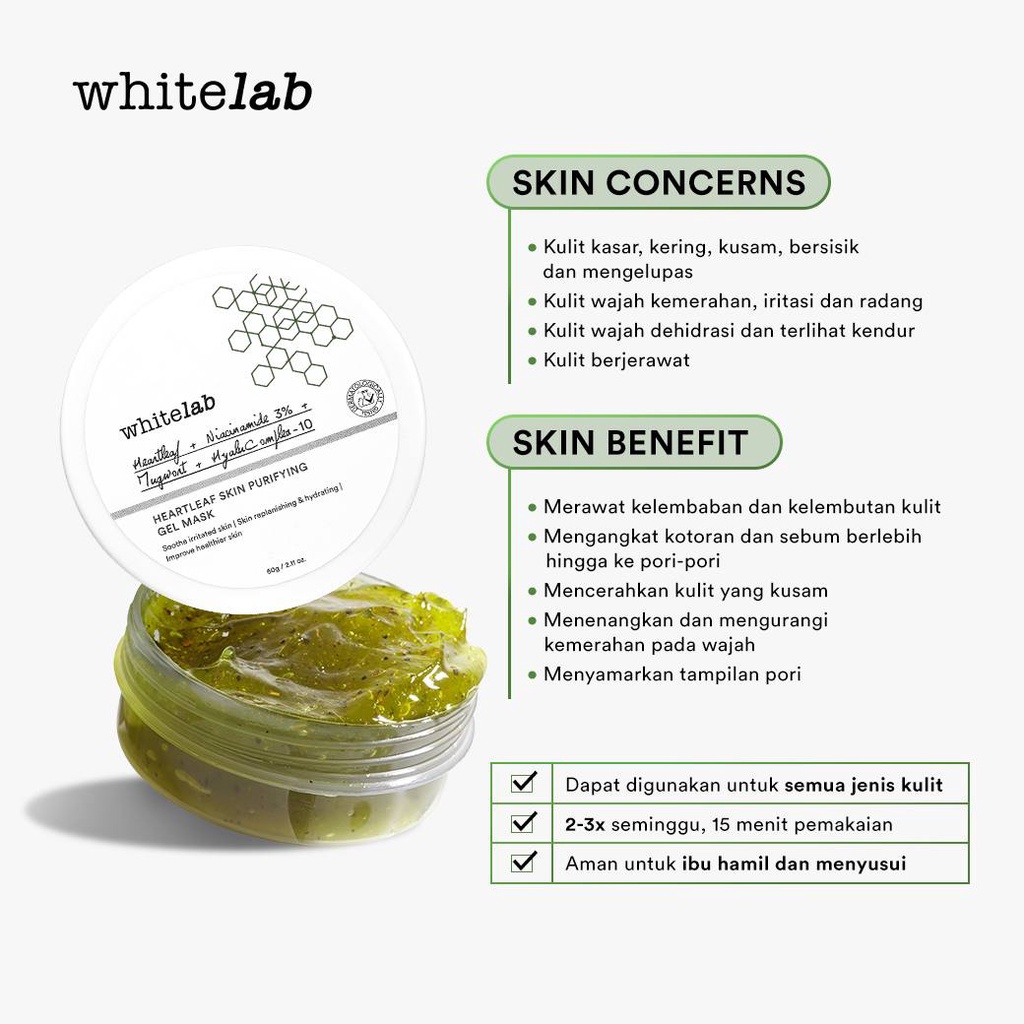 WHITELAB Heartleaf Skin Purifying Gel Mask - Masker Pembersih Perawatan Pencerah Pelembab Kulit Wajah Kusam