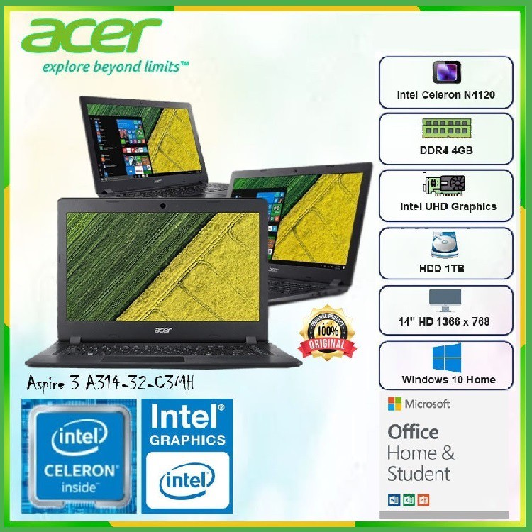 LAPTOP ACER Aspire 3 A314-32-C3MH-N4120/4GB/HDD 1TB/14"HD/OHS/WIN 10 - Black