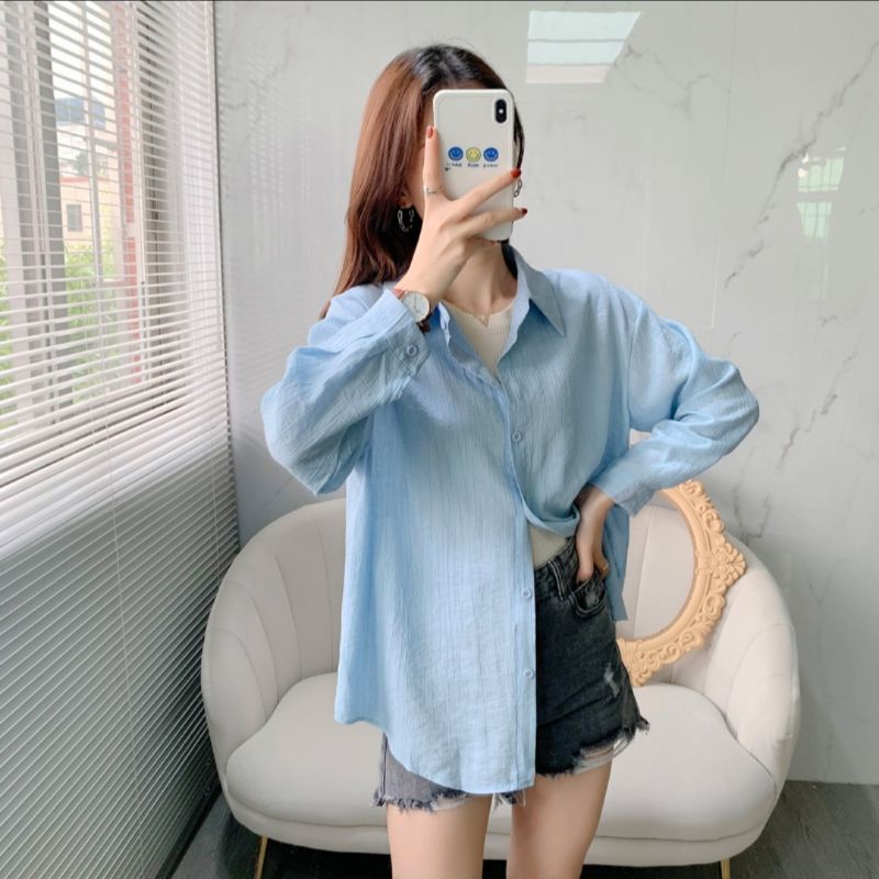 Saku Kemeja Wanita/Blus kemeja linen 2021 Kualitas tinggi Wanita/Atasan wanita kantor Wanita chic lengan panjang-KMJ Linen_Blue