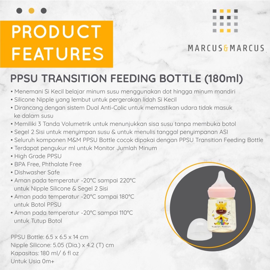 Marcus &amp; Marcus PPSU Transition Feeding Bottle 180ml - Marcus&amp;Marcus Botol Susu Bayi 180 ml : Giraffe Pink