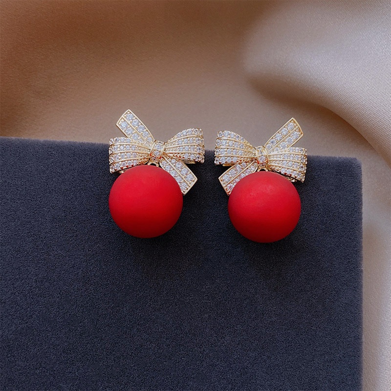 Fashion Crystal Bow Knot Stud Earrings for Women Pearl Cherry  Rhinestone Red Earring Girls Party Christmas Jewelry Gifts