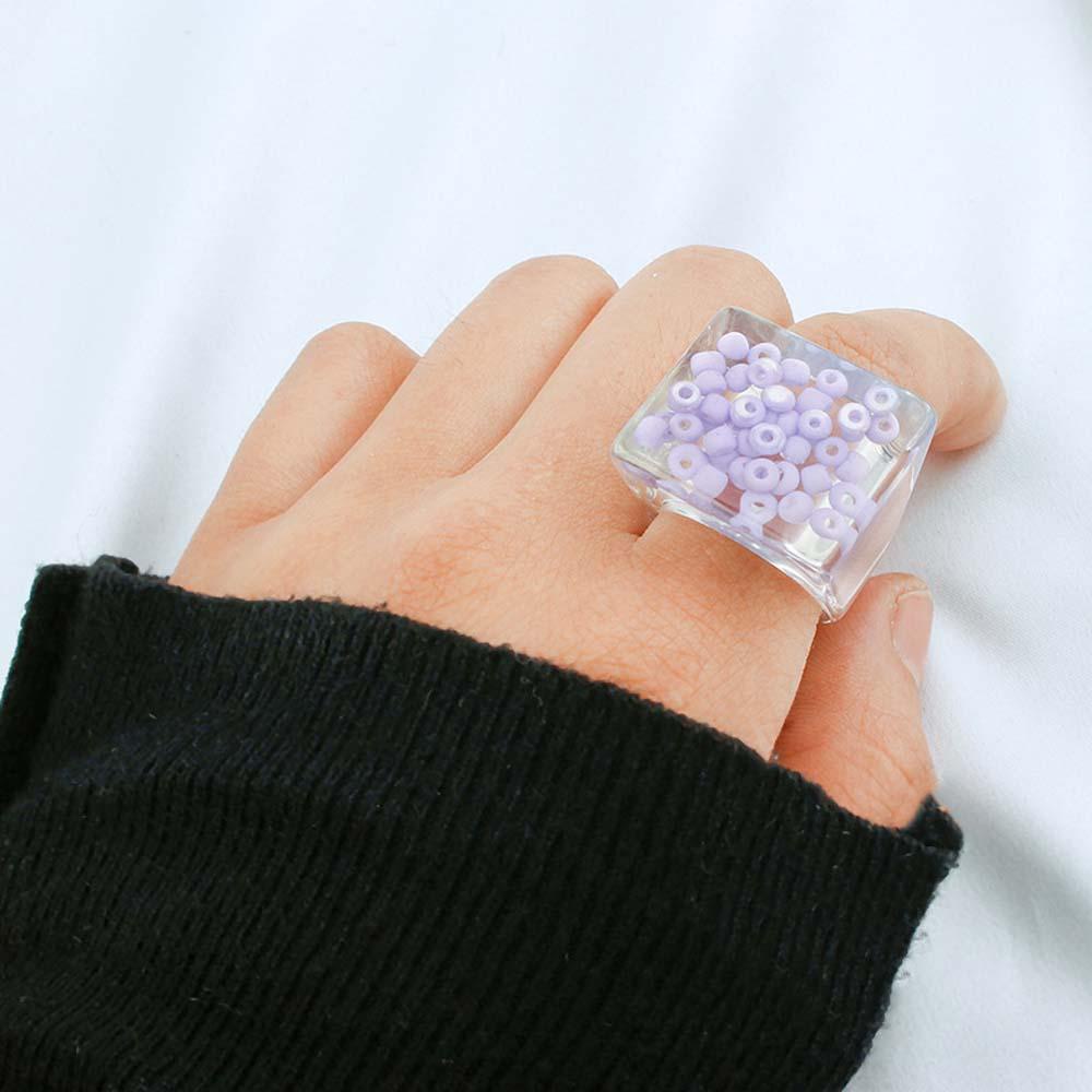 NEEDWAY Cincin Resin Wanita Korea Warna-Warni Manik Geometris Batu Fashion Perhiasan