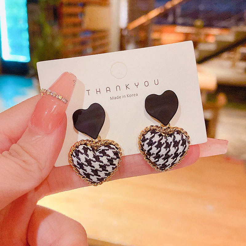 Anting S925 Silver Needle Bentuk Hati Houndstooth Warna Kopi Peach