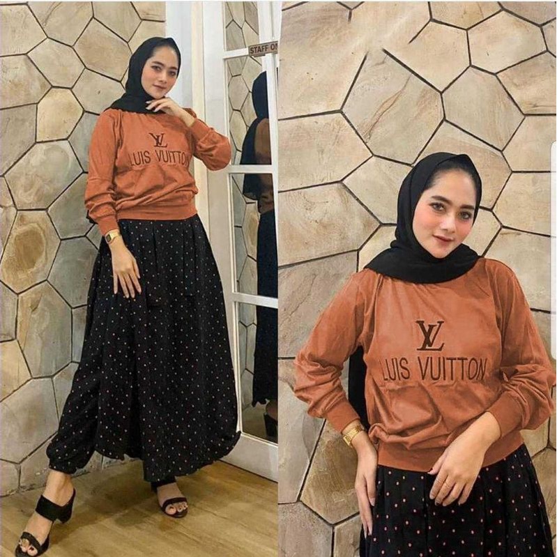AZ NEW SET ROK BLOUSE BAHAN BABYTERY PINGGANG KARET KANTONG KANAN KIRI / SET ROK FASHION / SETELAN ROK WANITA-Hana Brick/bata