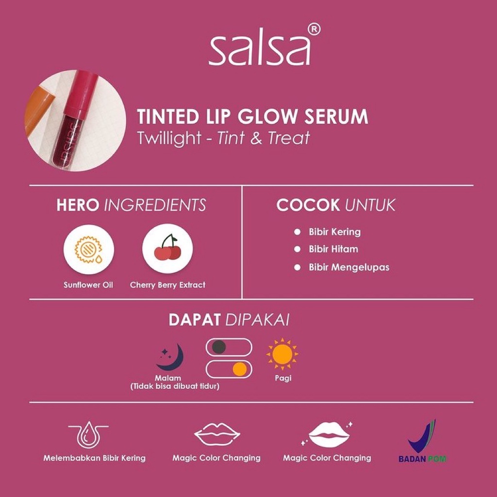 SALSA Lip Glow Serum Indonesia / Serum Bibir Lippie Gloss Tinted Colour Moisturizing 3gr / Coral Nude Twilight / Lipstick Lipstik Cream Matte Gincu Tint Velvet Stain Liner Plumper Perawatan Pelembab Pencerah / Cosmetic Eyebrow Eyeliner Mascara Paket Wajah