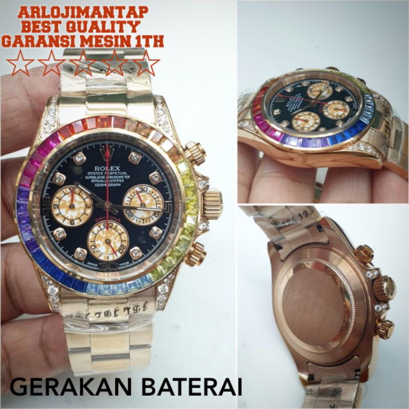 ARLOJIMANTAP ROLEX DAYTONA RAINBOW GOLD BLACK DIAL BATERAI PREMIUM