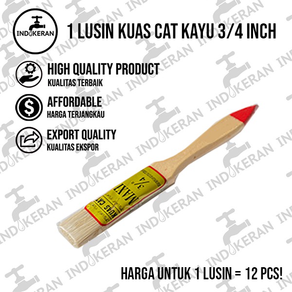 INDOKERAN - 3/4 Inch - Grosir Lusin Kuas Cat Tembok Serbaguna Gagang Kayu - High Quality