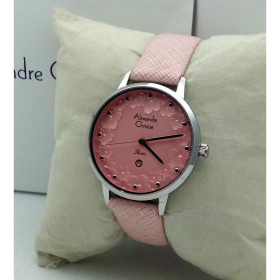 Jam Tangan Alexandre Christie AC 2794 Silver Leather Pink Peach for Ladies Original