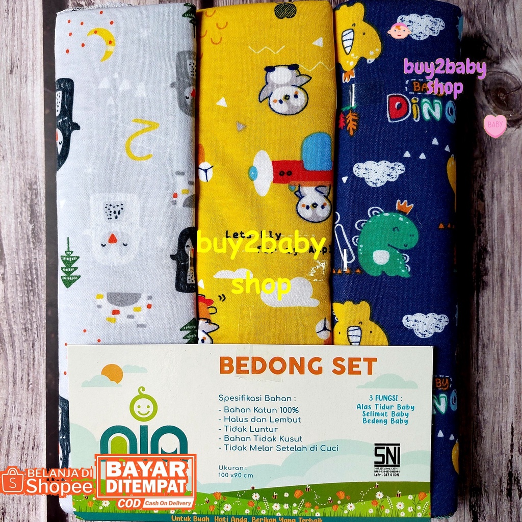 Bedong bayi bahan premium halus lembut 3 warna motif NIA kemasan baru isi 3 PCS