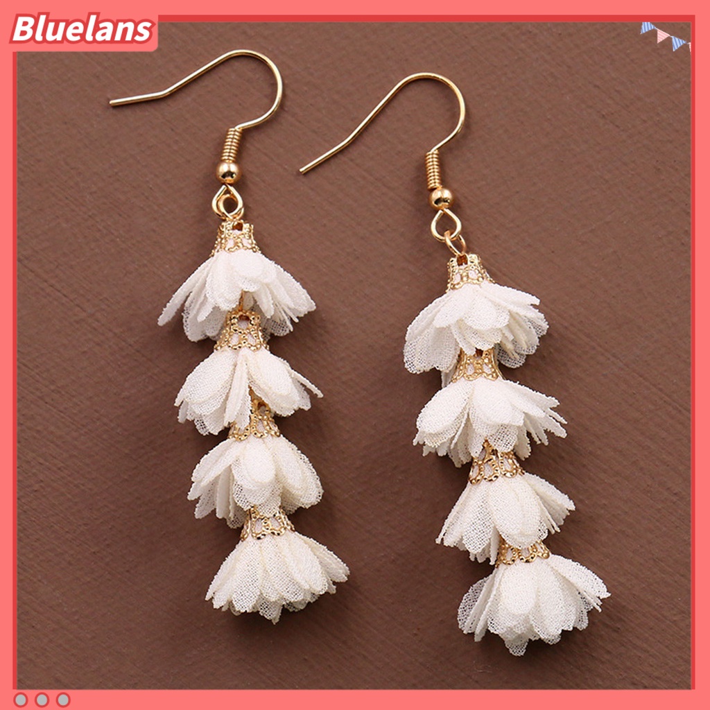 Bluelans 1 Pasang Anting Kait Gantung Wanita Desain Bunga Kain Alloy Rumbai Multi Layer Untuk Hadiah