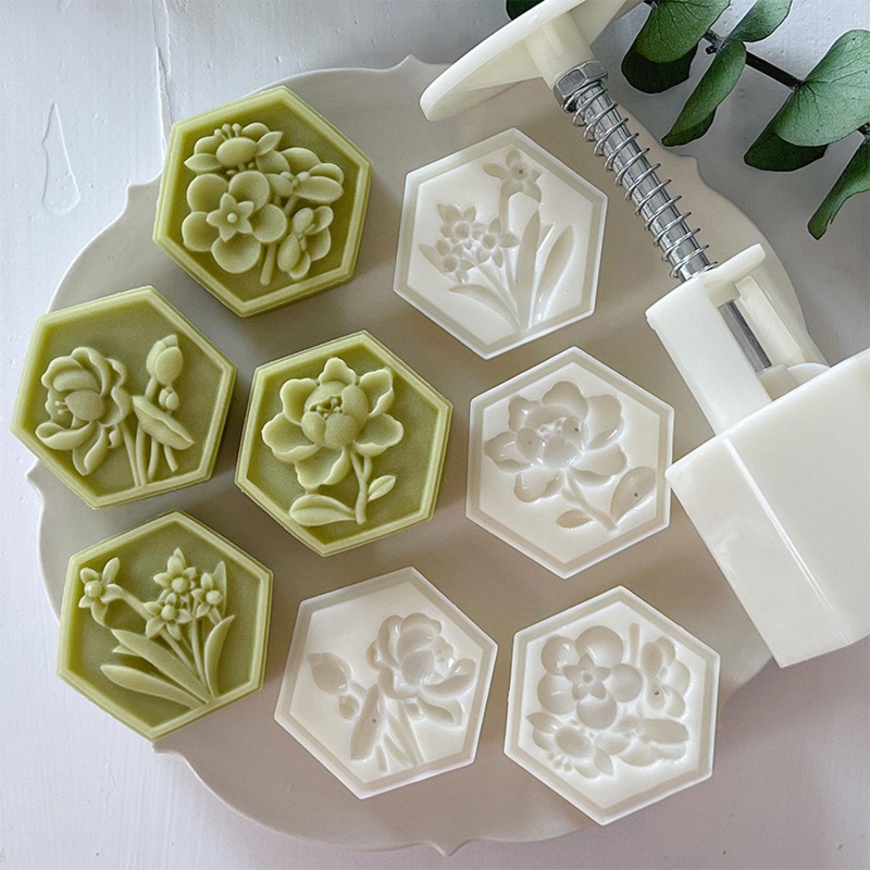 Cetakan Kue Bulan Bentuk Bunga Hexagon Bahan Plastik Model Tekan Tangan