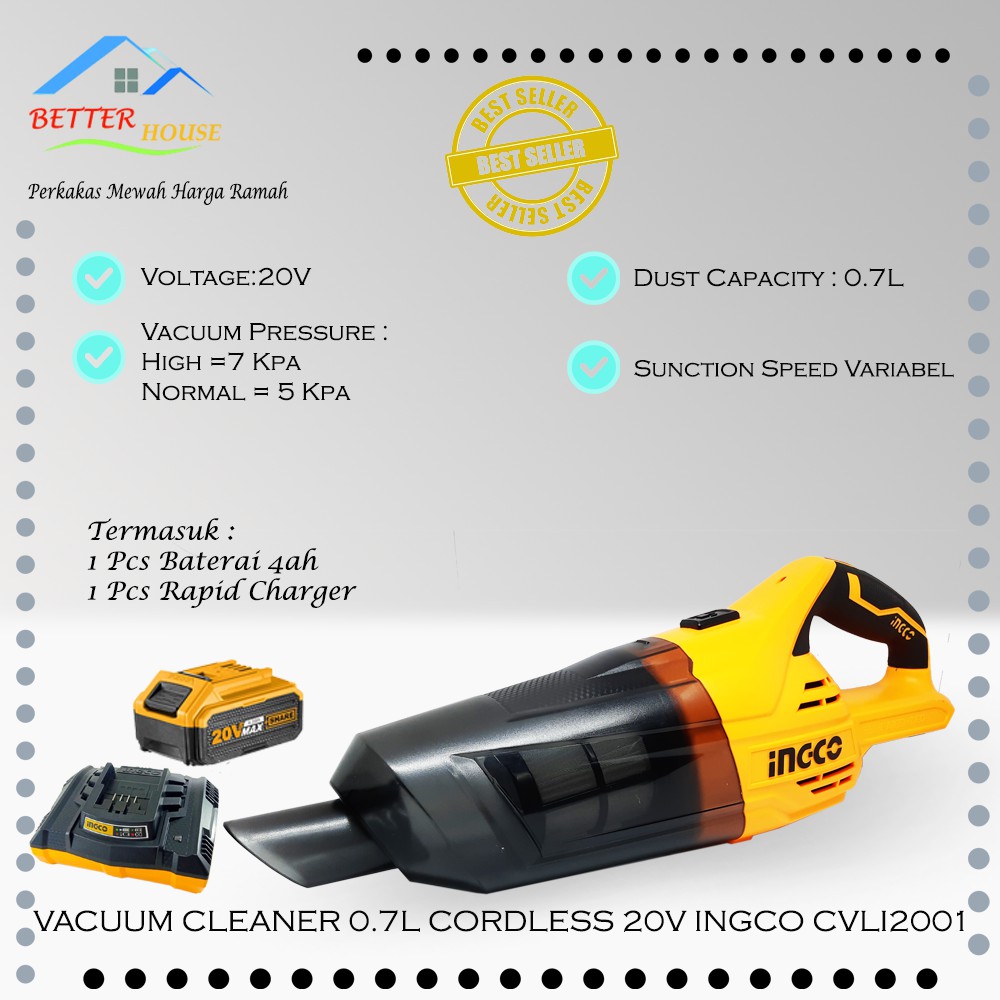 VACUUM CLEANER MINI CORDLESS 20V 0,7 LITER INGCO CVLI2001 BATERAI 4AH
