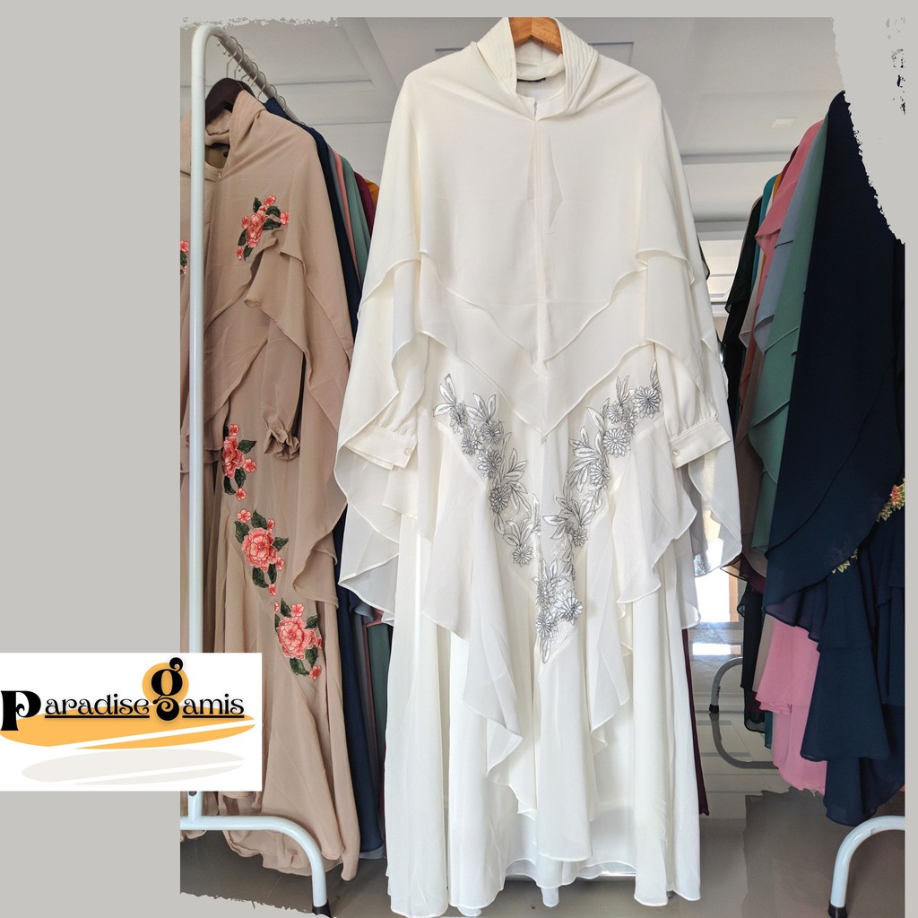 Gamis Syari Ceruty Bordir Pesta Mewah Ibu Ibu Jumbo LD 120 124 Busana Muslim Set Khimar Putih BW