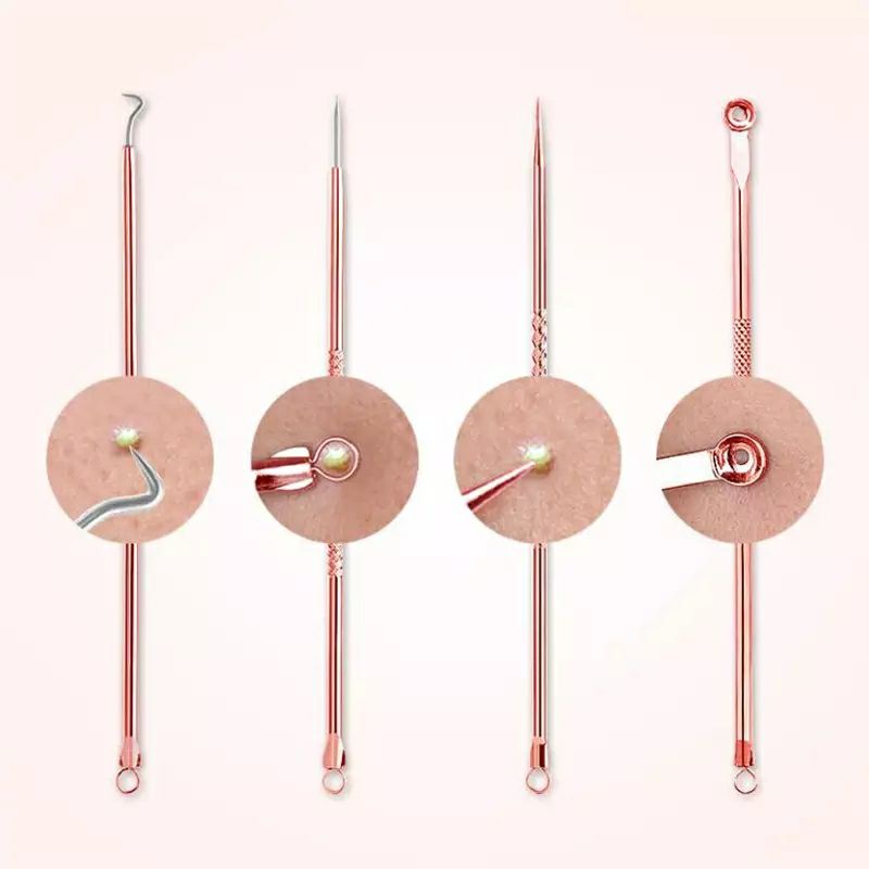 Alat pencet komedo jerawat  pinset 1 set isi 4 pcs PIMPLE PICK GOLD set Free Box