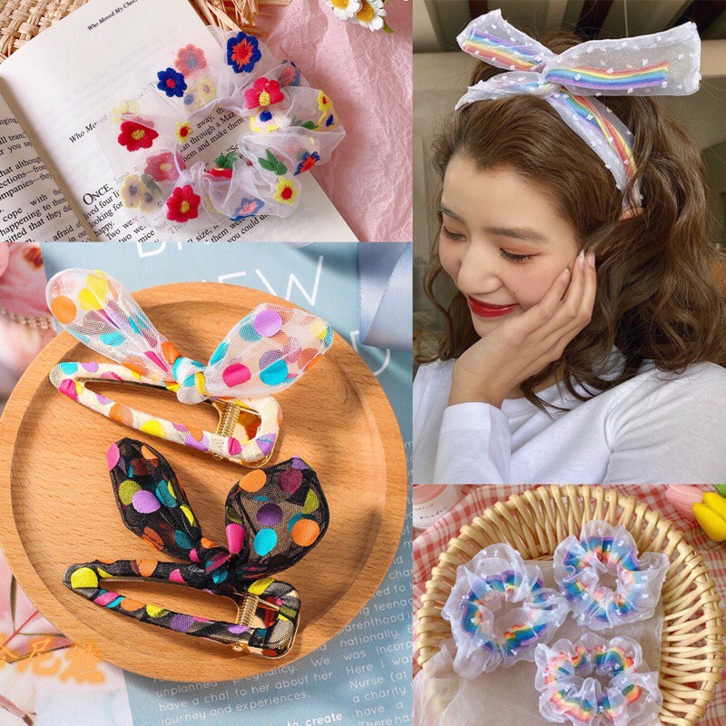 Aksesoris rambut pelangi bando scrunchie jepit kunciran ikat tali karet elastis korea