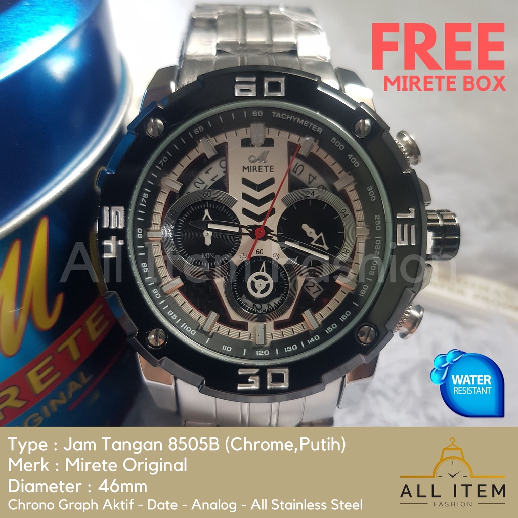 Jam Tangan Chrono Rantai MIRETE 8505B / Jam Tangan Pria Anti Air ORI / Arloji / Watches (FREE BOX)