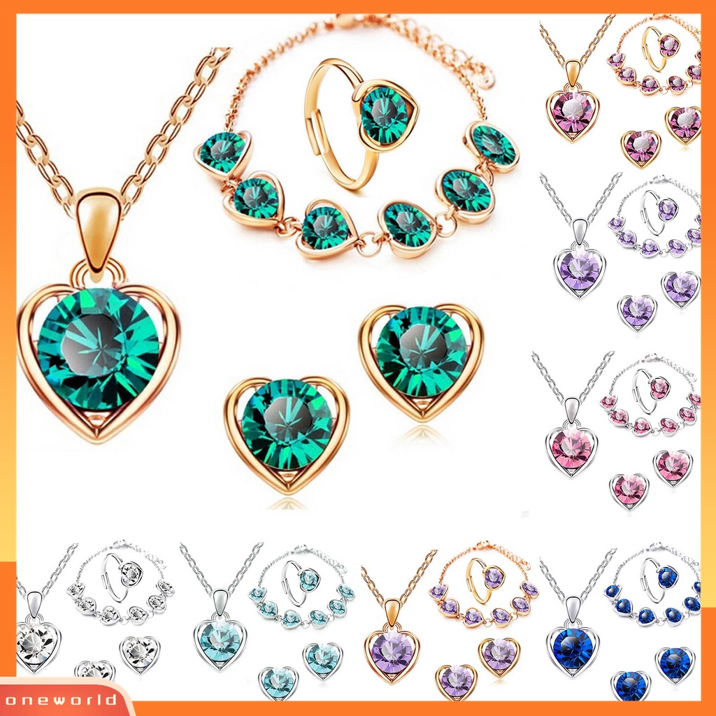 4pcs / Set Perhiasan Kalung Anting Gelang Cincin Liontin Hati Berlian Imitasi Berkilau Dapat Disesuaikan Untuk Wanita