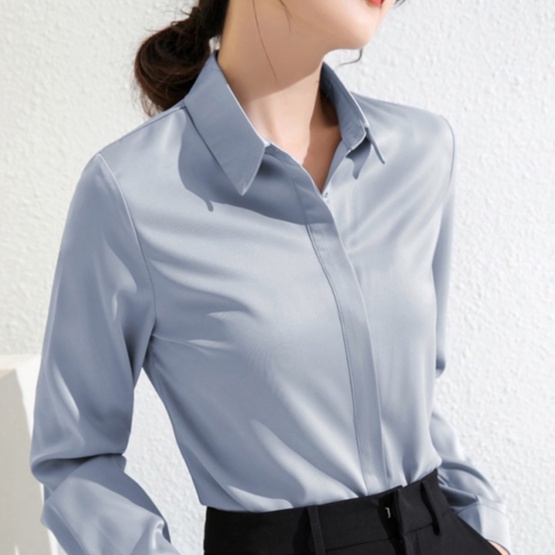 【Moon Blush】Kmeja Wanita Lengan Panjang-Korean Halus Lembut Solid Button  Satin Shirt 7248