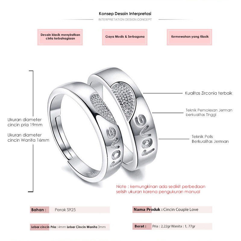 TTCR-RRJ127 TINO Cincin Couple Titanium Perak 925 Anti karat/Cincin Lamaran Couple Premium Murah