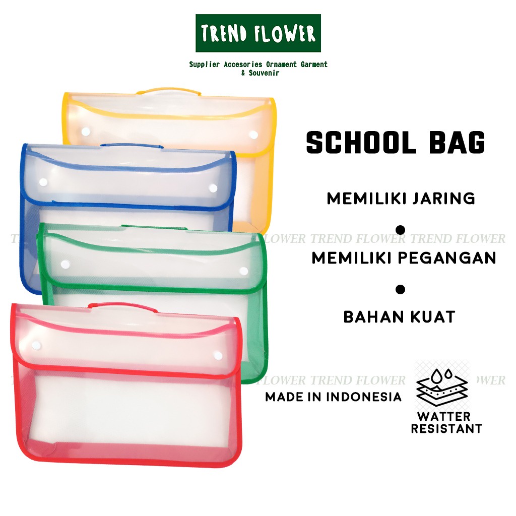 

School Bag Zipper Bag Plastik Map Dengan Pegangan Tangan Jaring Plastik Tebal ATK