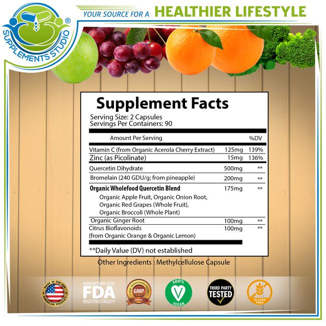 Quercetin &amp; Bromelain + ZINC + VITAMIN C + Whole Foods ORGANIC 180 Capsules Supplements Studio USA
