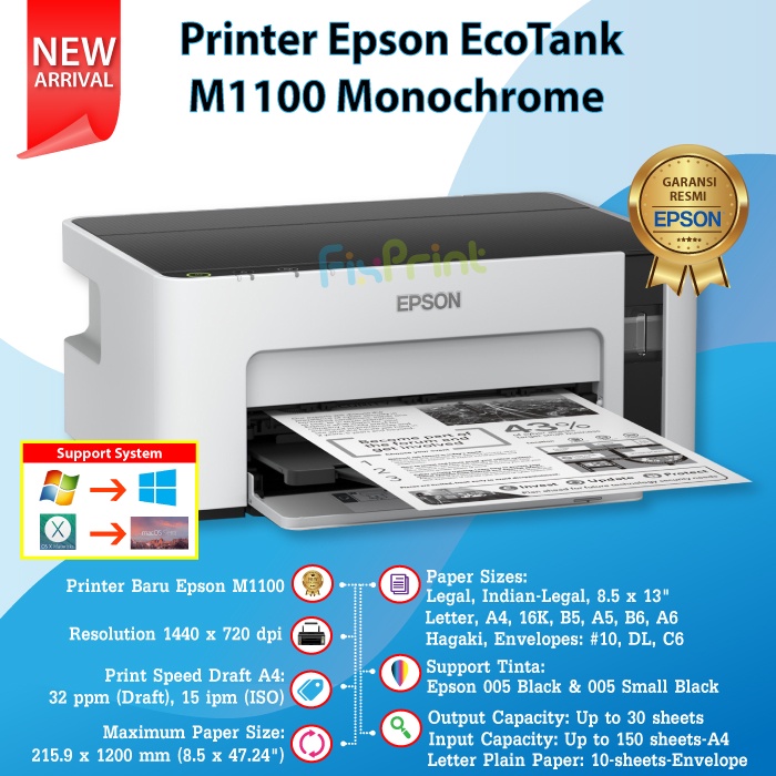 Printer Epson M1100 Monochrome Hitam Putih InkTank M-1100 Tinta 005 Original C13T0