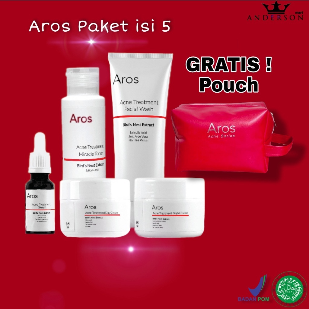 AROS Acne Treatment Paket isi 5 skincare Free Pouch Aros Acne Series