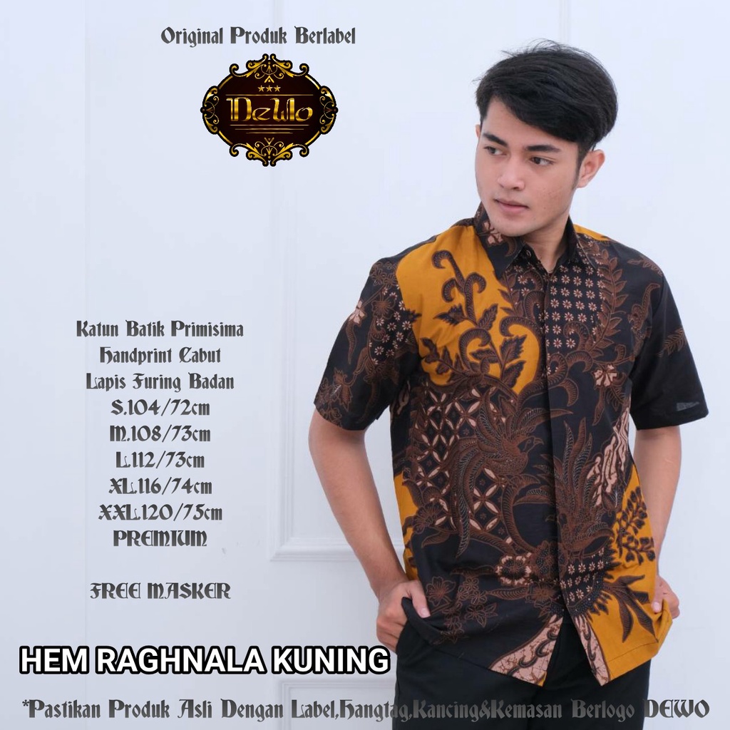 RAGHNALA KUNING DEWO KEMEJA BAJU BATIK PRIA SOLO LENGAN PENDEK PANJANG LAPIS FURING PREMIUM MODERN