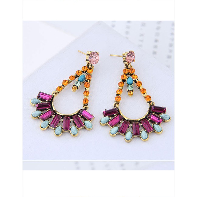 LRC Anting Tusuk Elegant Yellow+purple Full Diamond Design Sector Shape Earrings A57032