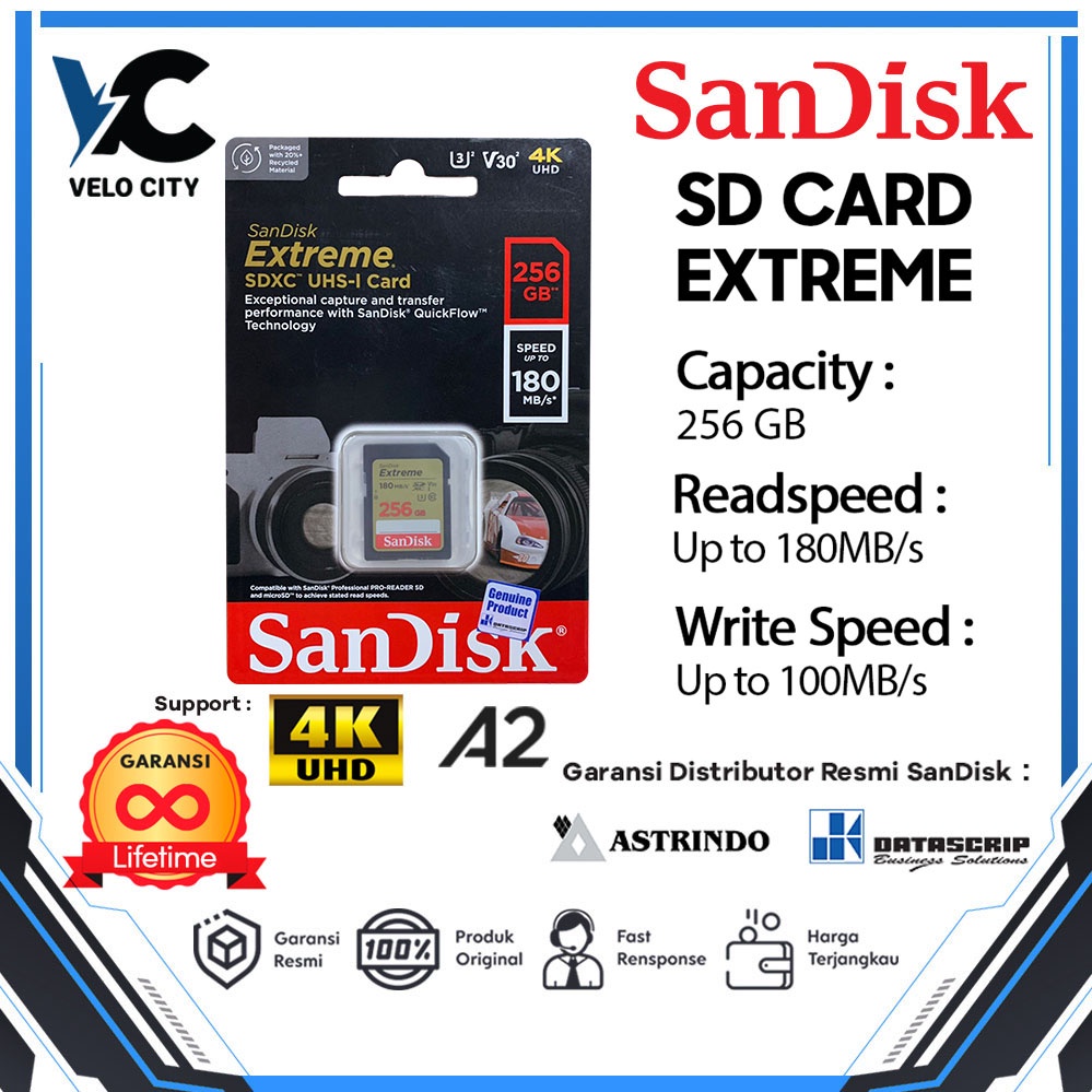 SD Card 256GB SanDisk Extreme UHS-I 4K U3 up to 180Mbps - Garansi Resmi Lifetime