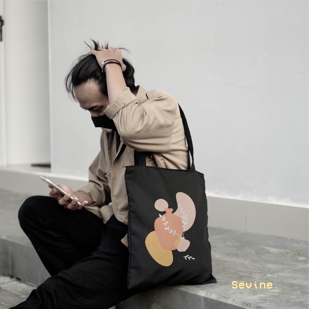 Sevine Totebag Wanita Fashion Tas Tote Bag Resleting Motif Line art Hijab Black Series Hitam - WHF4