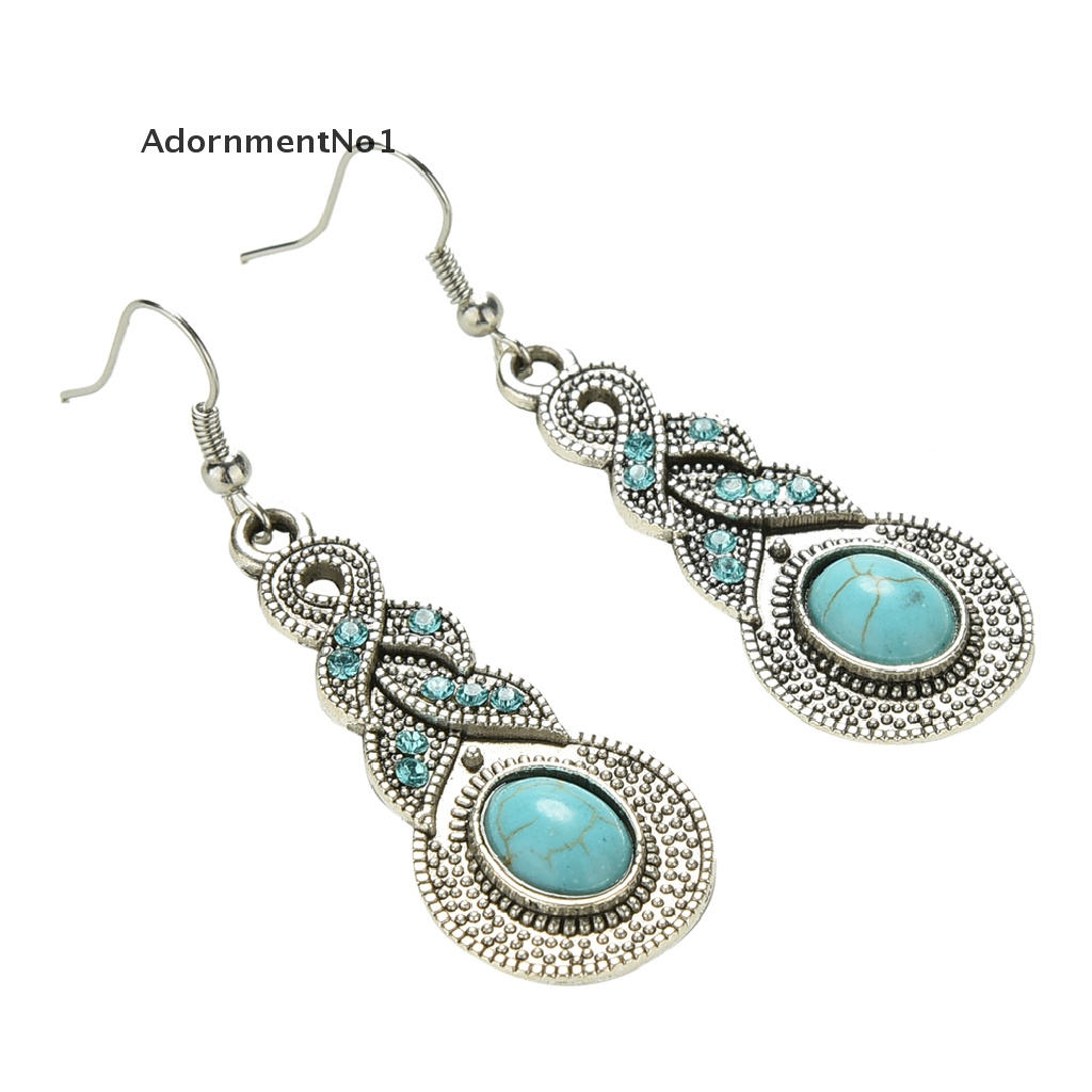 (AdornmentNo1) Set Kalung + Anting Kait Gantung Vintage Retro Elegan Aksen Batu Turquoise Untuk Wanita