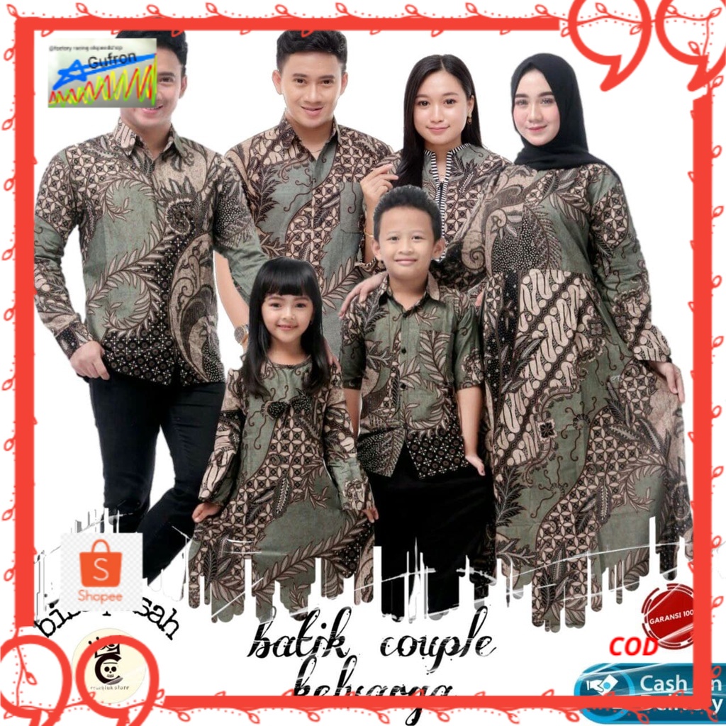 Baju Batik Couple Keluarga Modern Motif Hijau Army Set Sarimbit Batik Kemeja Dress Pasangan Suami Is