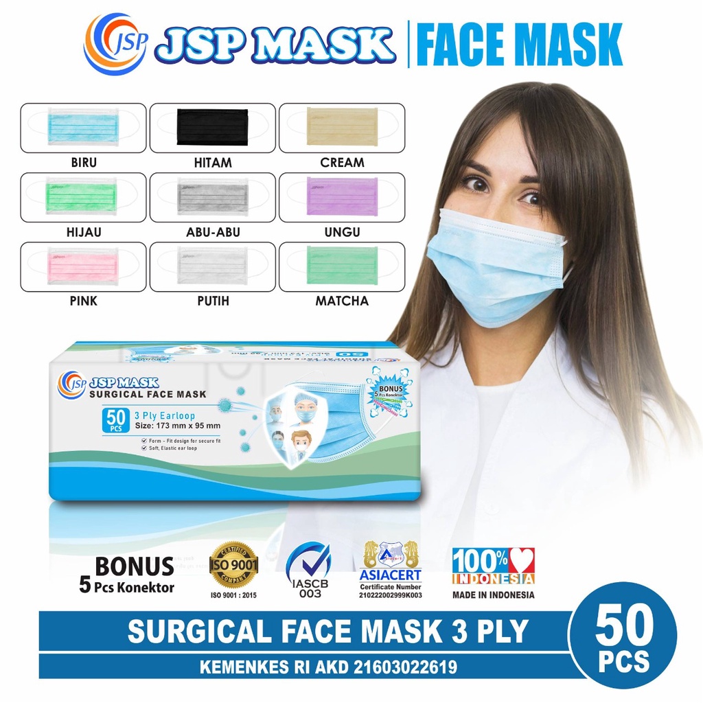 (BISA COD) Masker 3PLY isi 50 PC FREE 5 KONEKTOR  masker medis KEMENKES surgical JSP mask SM04