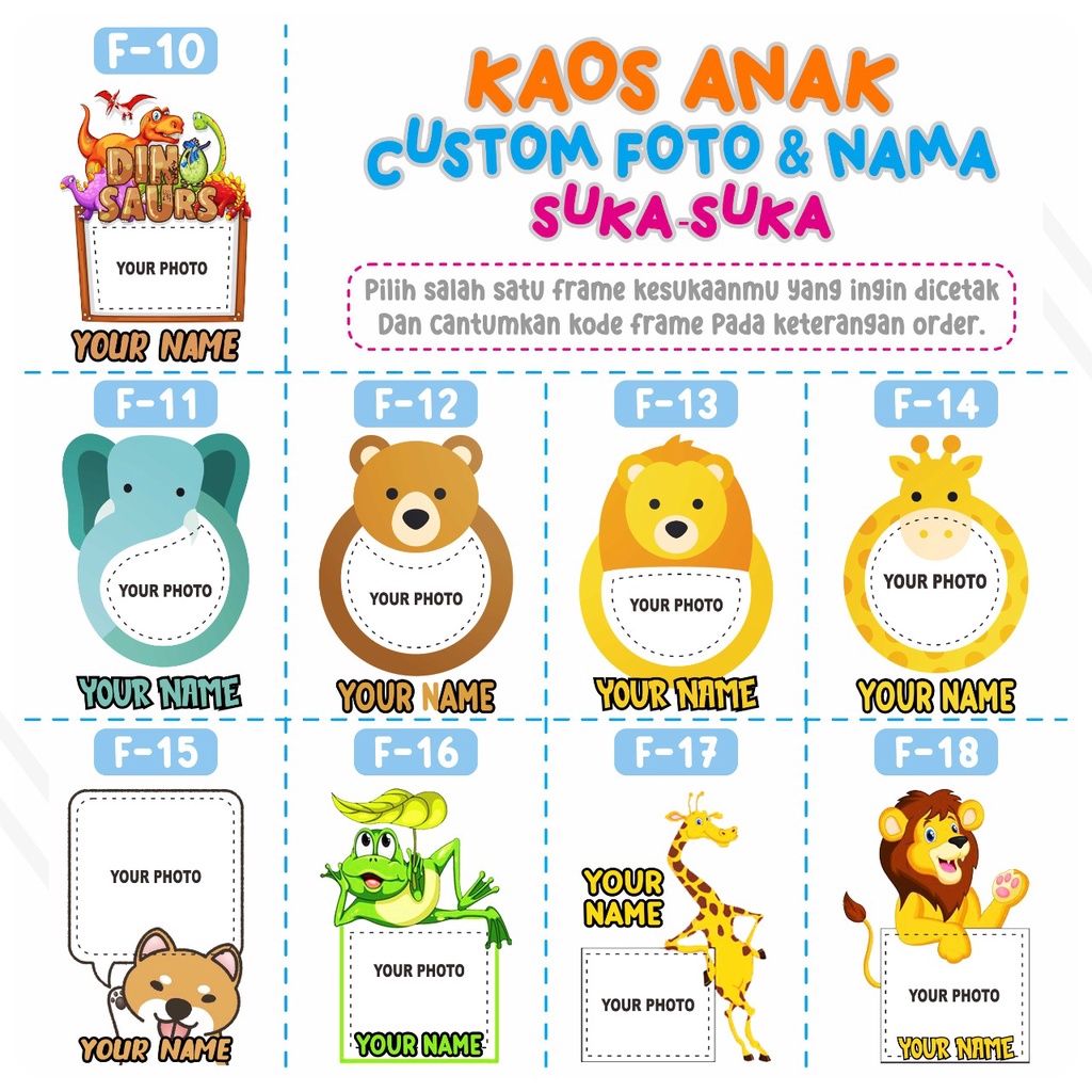 Kaos Anak FOTO Dan NAMA Seri 02 Frame Hewan1-12 Tahun