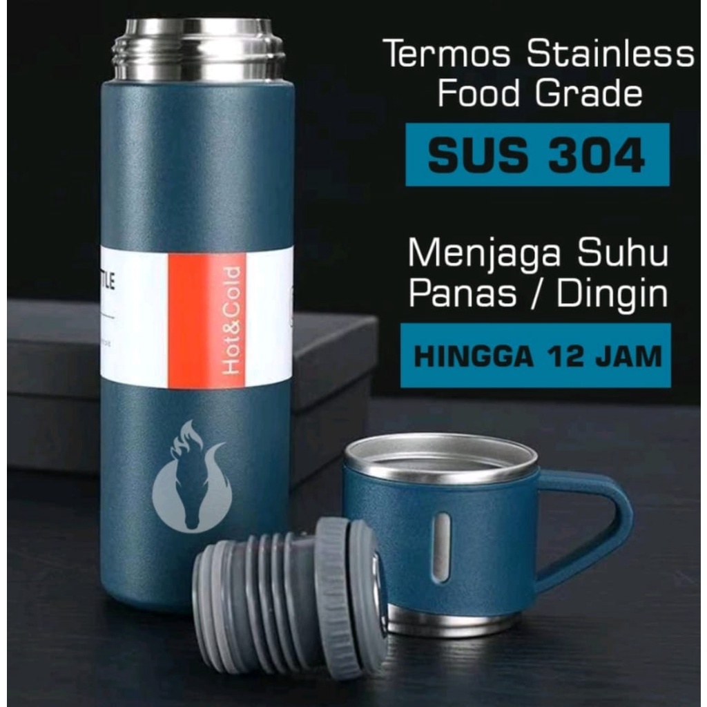 Botol Minum Termos 500ml Vacuum Cup 1 Set Stainless-Termos Cangkir 1 Set Premium - Vacuum Flask Thermos Vakum Bisnis-Termos Vaccum Bottle 500ML Flask Panas Dingin Bonus 2 Gelas