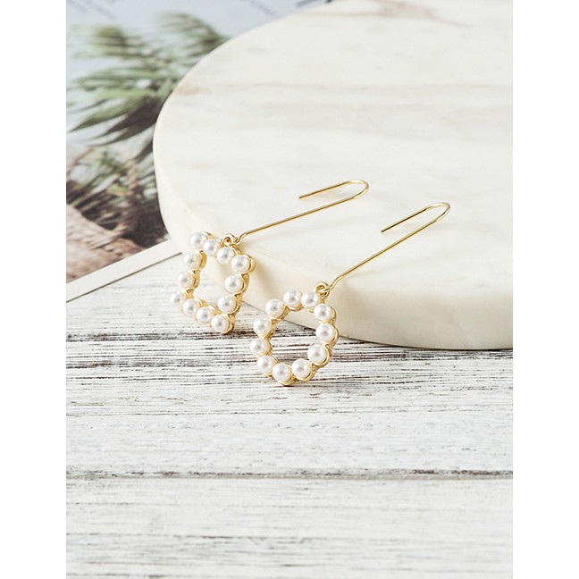 LRC Anting Tusuk Fashion Gold Alloy Geometric Pearl Asymmetric Earrings F78991