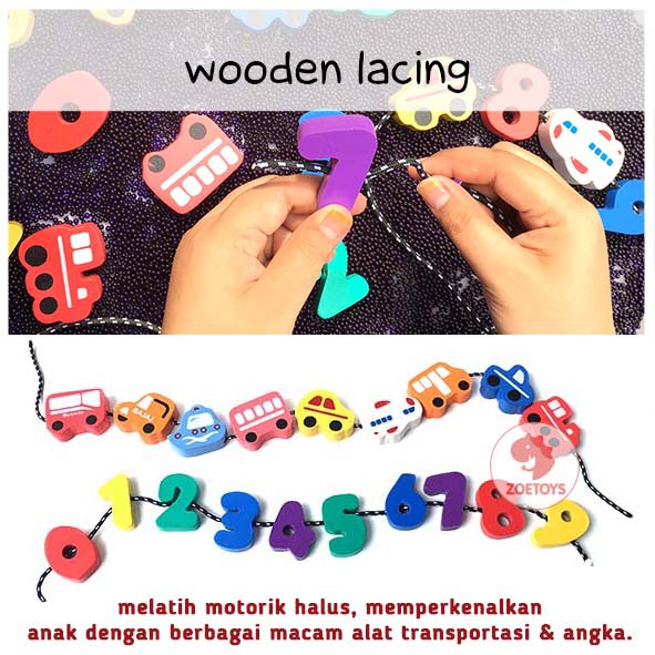 Zoetoys Wooden Lacing Numbers Transport B | Mainan anak | Meronce Kendaraan Urban Transport