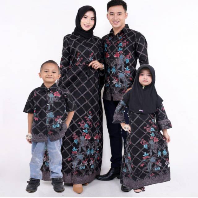 couple batik keluarga kotak hitam / gamis batik / kemeja batik kotak ruffle ndoro jowi dnt