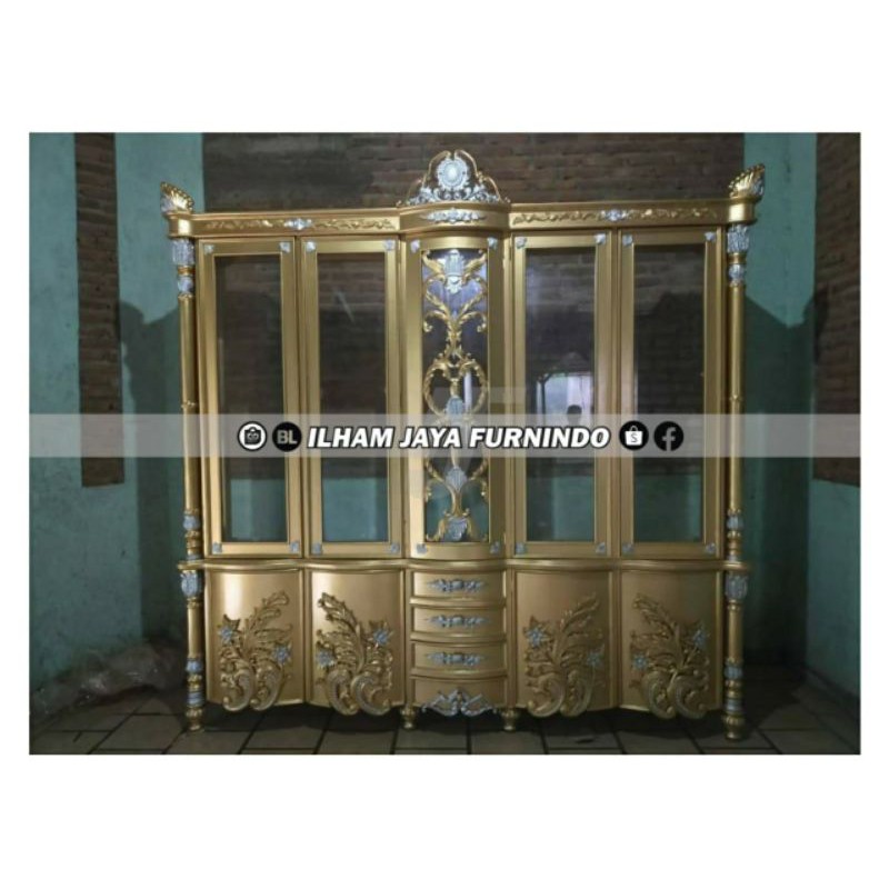 ALMARI LEMARI HIAS JATI JEPARA KACA GOLD PINTU 5 - IJF207