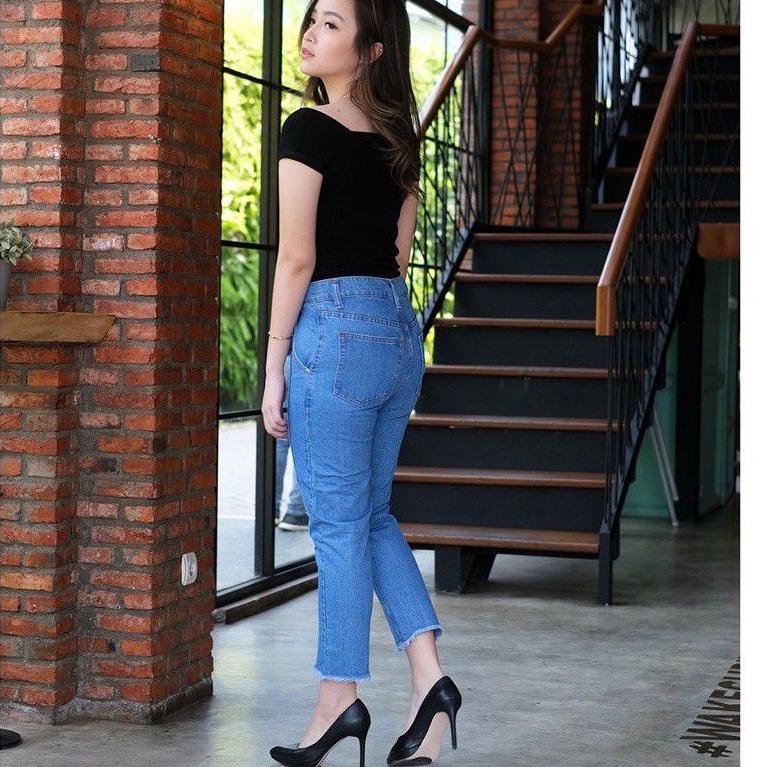 Boyfrend Line  Button  Jeans  Wanita Non Streach // Boyfren Kancing  5 "COK.02Jl22ᴶ"