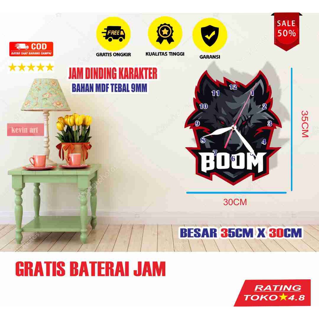 JAM DINDING UNIK BESAR 3D DEKORASI KAMAR KARAKTER LOGO BOOM ESPORTS KOLEKSI GAMERS TERBARU KEREN SOUVENIR CUSTOM