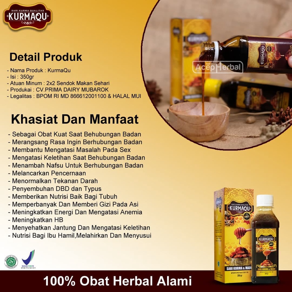 Obat Kuat Tahan Lama, Lemah Syahwat, Disfungsi Ereksi, Cepet Keluar, Ejakulasi Dini, Impotensi, Penambah Gairah, Stamina Pria, Hormon, Gangguan Rangsangan, Tekanan Darah Tinggi, Stres, Merokok, Depresi - KURMAQU Madu Sari Kurma 100% ORIGINAL BPOM-1