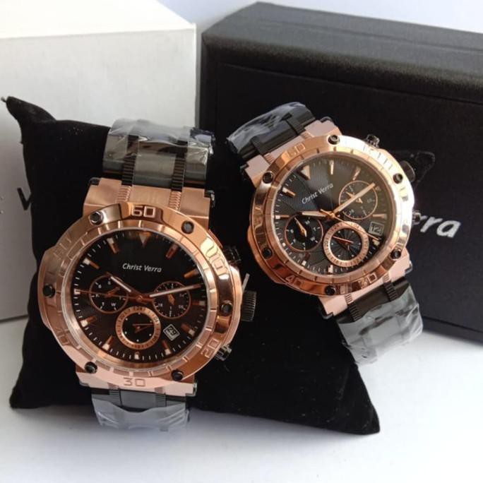 Jam Tangan Couple Christ Verra Cv52283G-18 Black Rose Gold Original Andini.Marketplace