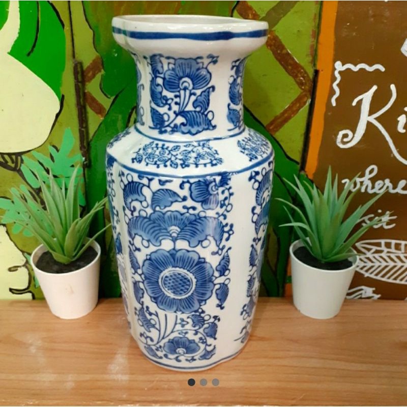 VAS bunga keramik diameter 9.5cm xT26cm warna Biru motif Bunga (Jual khusus Medan / SPX Instant)