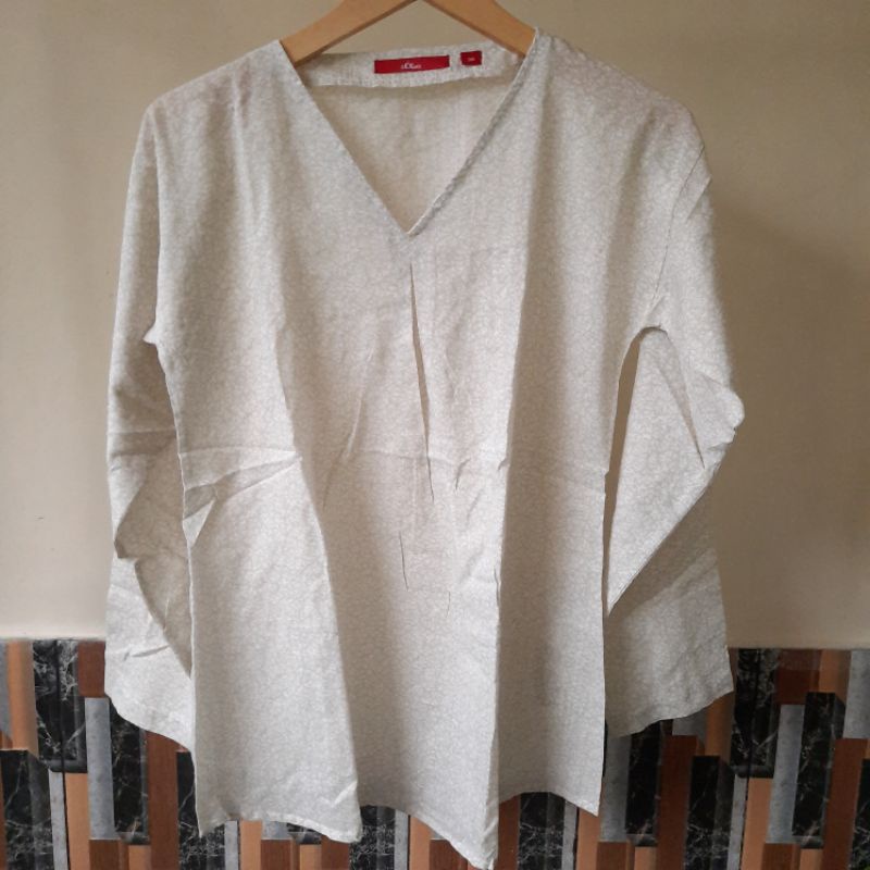 s oliver flower longsleeve  classic blouse// kemeja wanita branded original vintage-Daun coklat