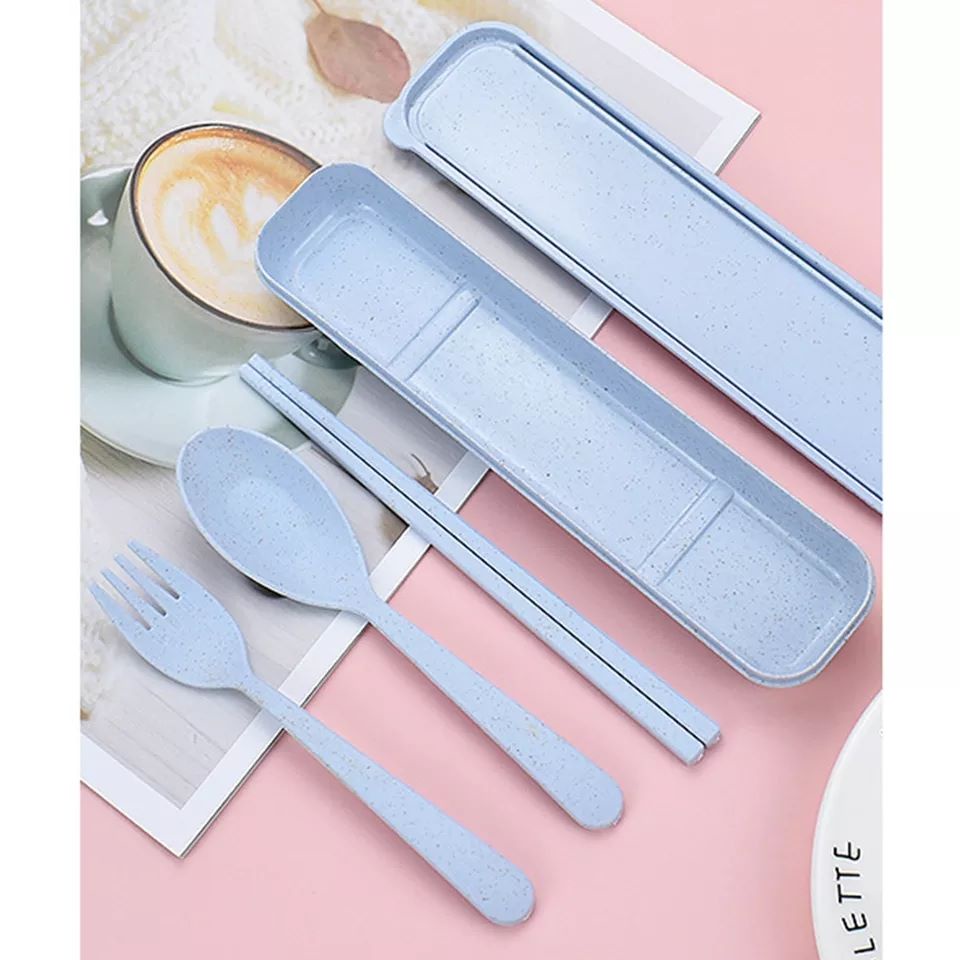 Sendok Garpu Sumpit Set 3 in 1 Bahan Jerami + Kotak Set Perlengkapan Alat Makan Portable Travel