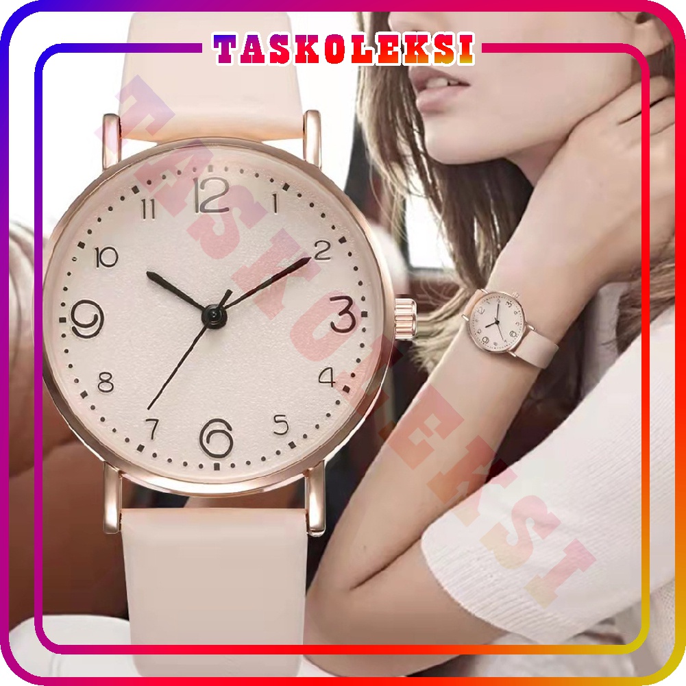 ☛TK☚ JT043 Jam Tangan Wanita Polos Casual Dial Bulat Fashion Analog Quartz Simple Strap Pu Leather