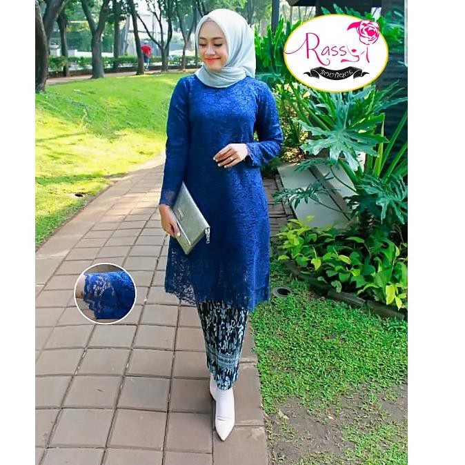 HT 0607  ATASAN TUNIK KEBAYA BROKAT PREMIUM REALPICT BIRU NAVY DONGKER ""